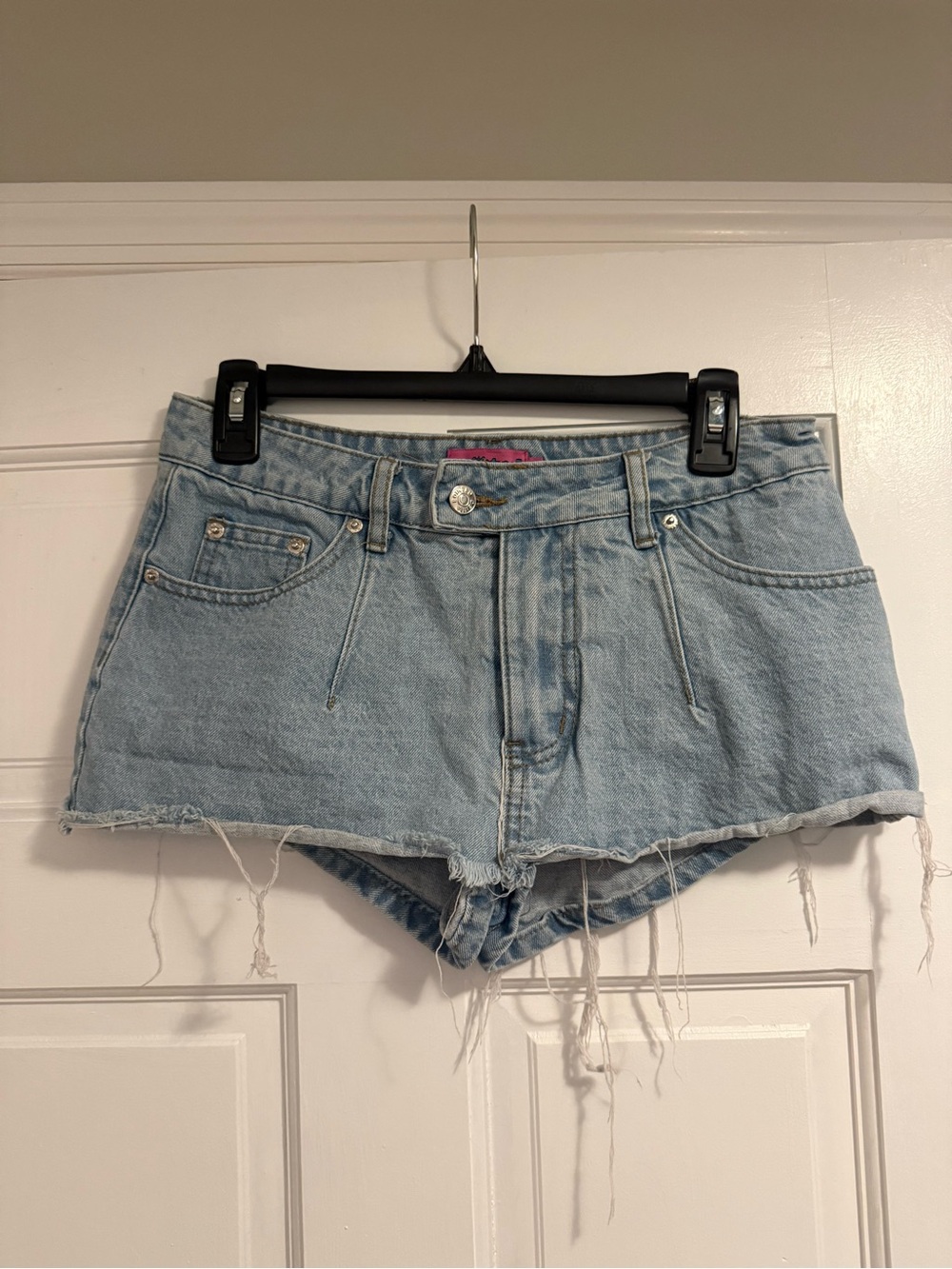 Edikted Light Blue Frayed Denim Cutoff Shorts